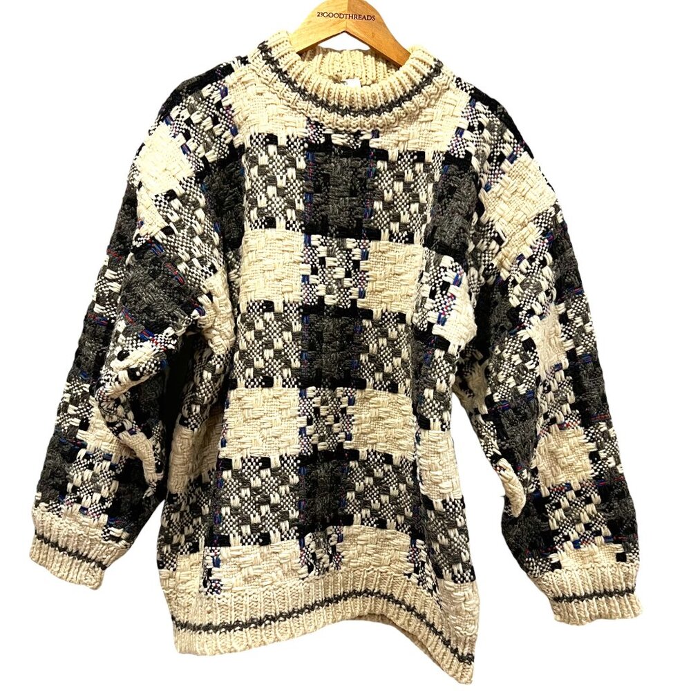 Vintage 90's Wool Chunky Pullover Plaid Sweater, Hand Knit, Cream Gray, XL